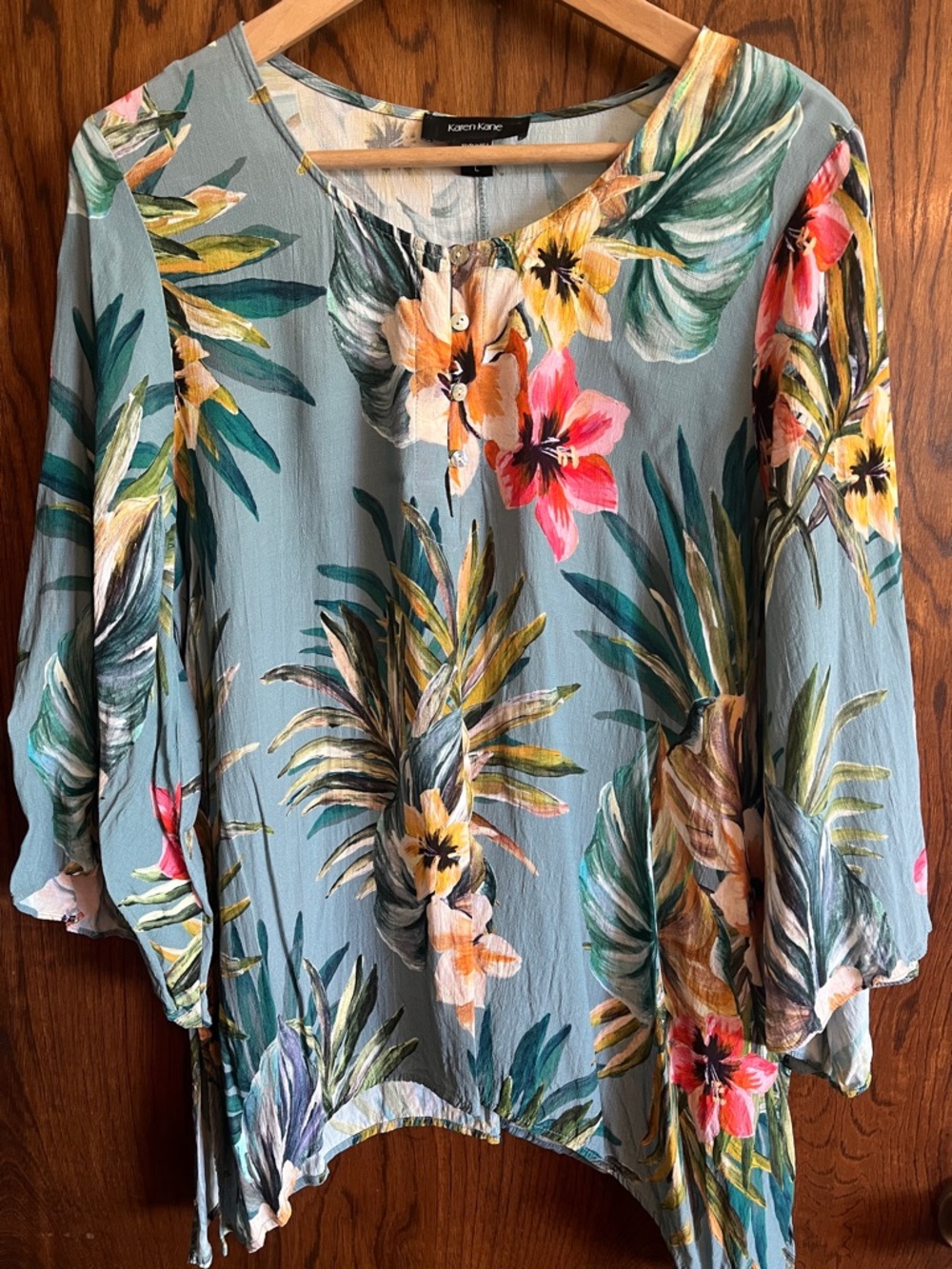 Karen Kane Teal Tropical Floral Tunic with Pink & Yellow Blooms